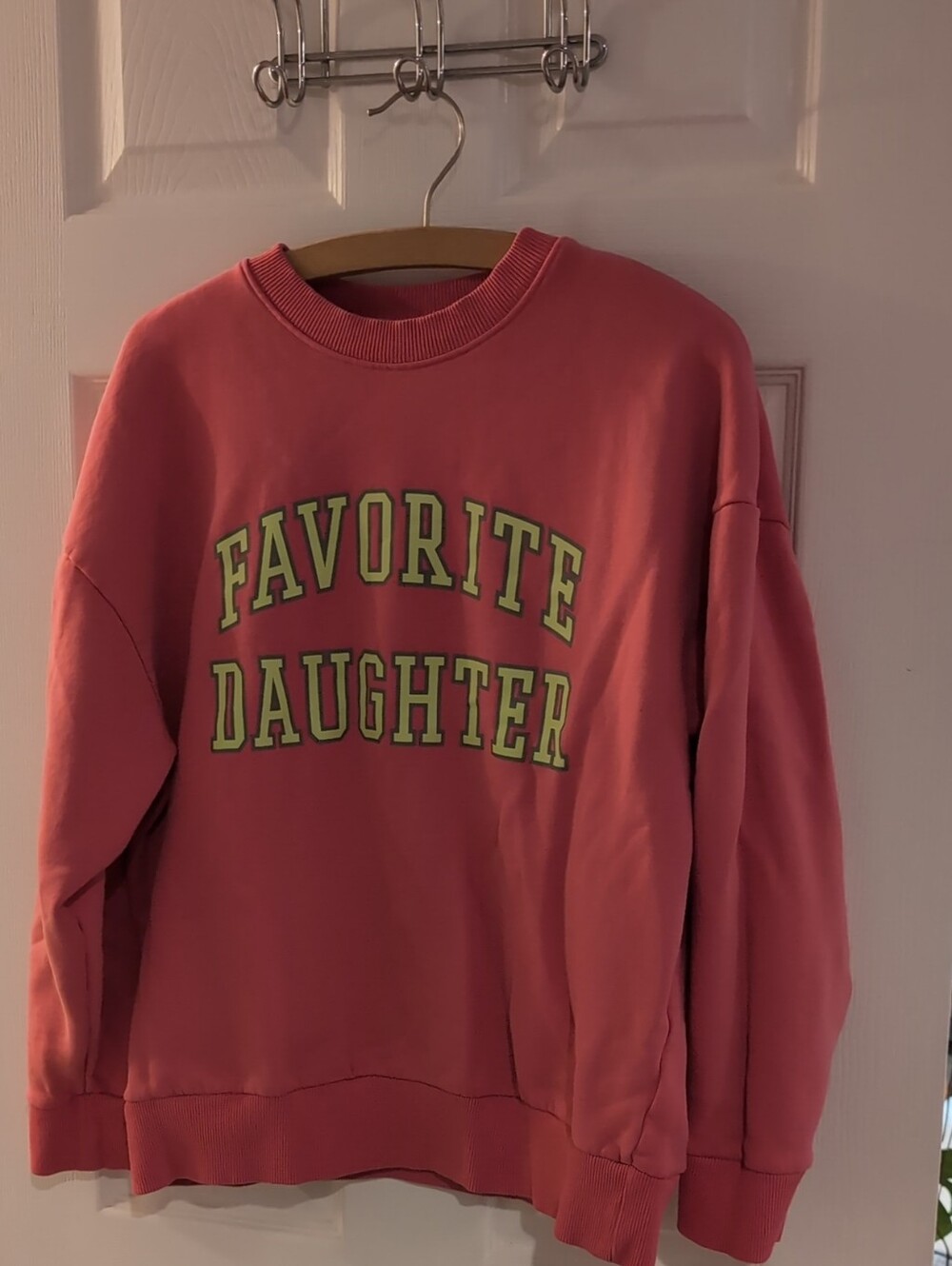 Favorite Daughter Coral Crewneck with Lime-Green Lettering